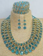Beautiful Sky Blue Bib Choker Chunky Glass Beaded Necklace, Bracelet, Earrings Set